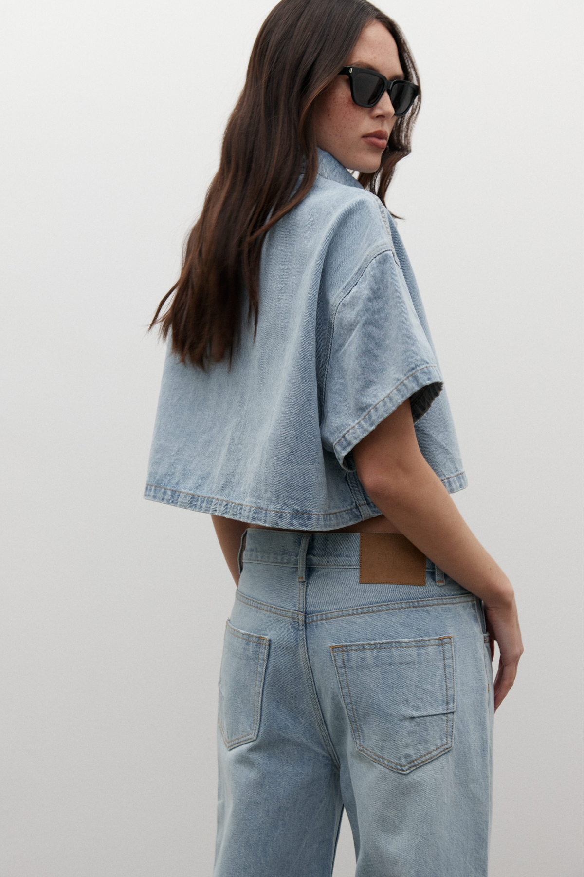 Zara Cropped Denim Shirt in Oakland Blue, view 3, Bayse Brand