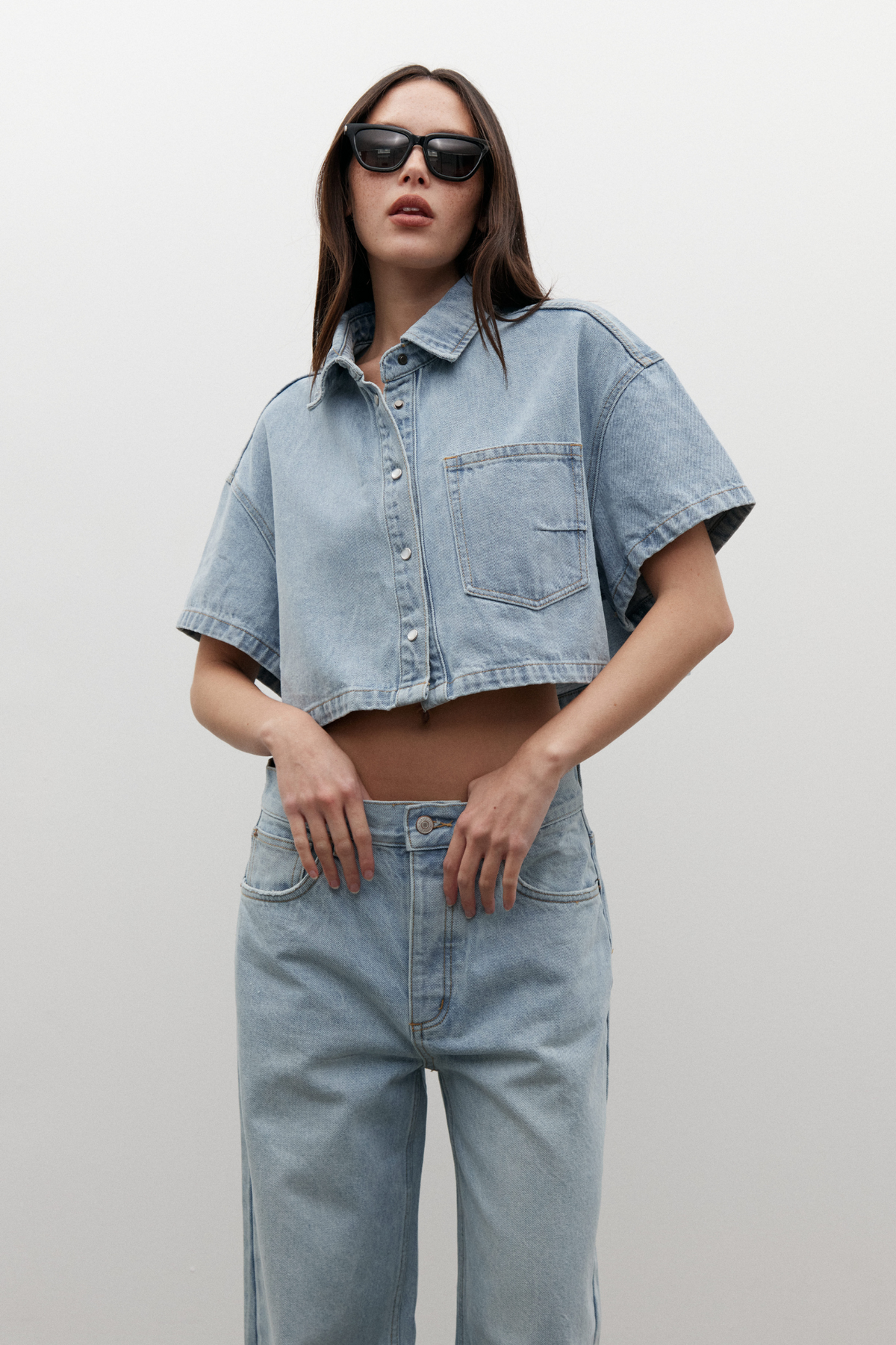 Zara Cropped Denim Shirt in Oakland Blue, view 2, Bayse Brand