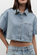 Zara Cropped Denim Shirt in Oakland Blue, view 1, Bayse Brand