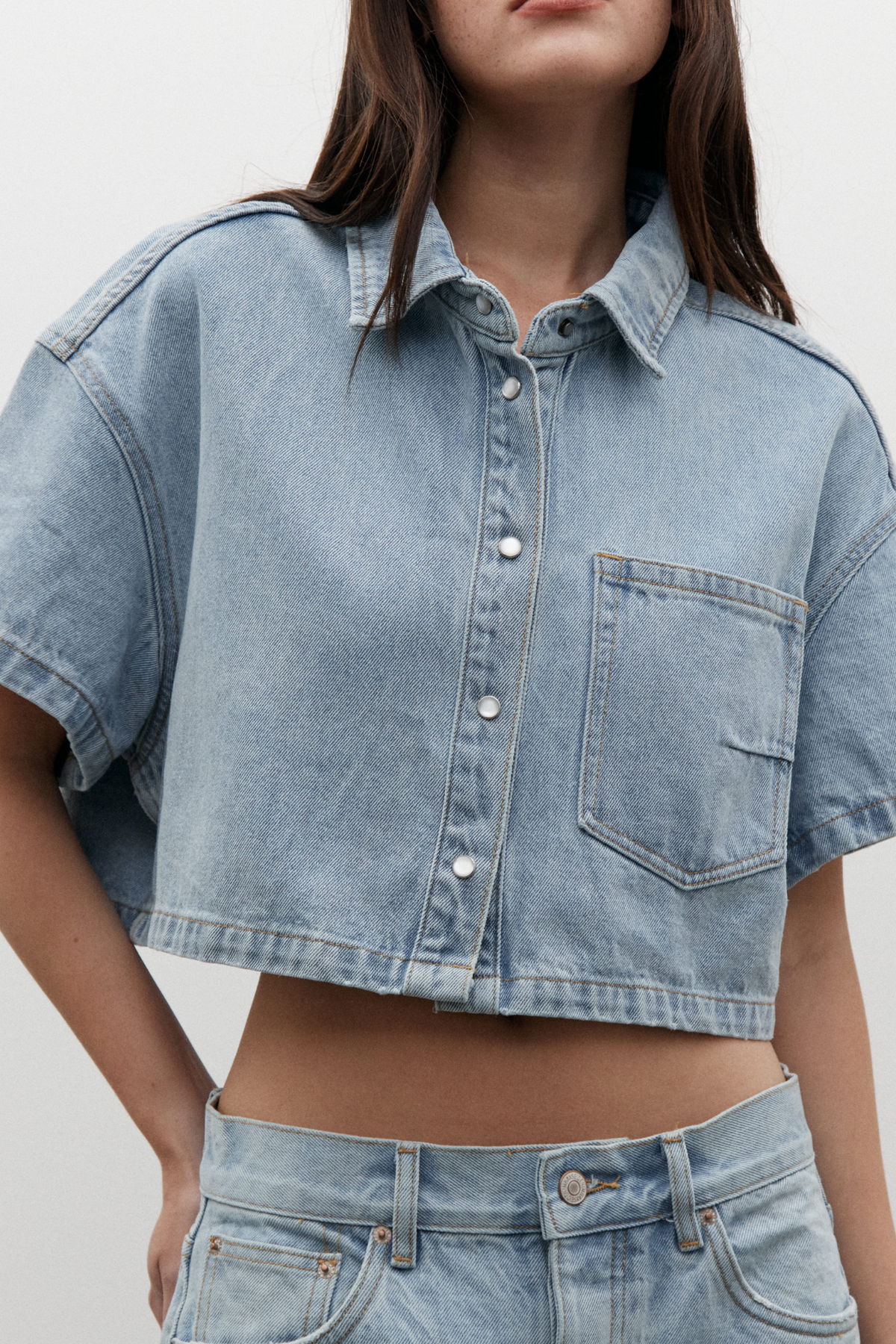 Zara Cropped Denim Shirt in Oakland Blue, view 1, Bayse Brand