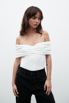 Eisley Off Shoulder Bodysuit in White, view 4, Bayse Brand