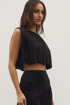 Contessa Pleated High Neck Top in Black, view 3, Bayse Brand