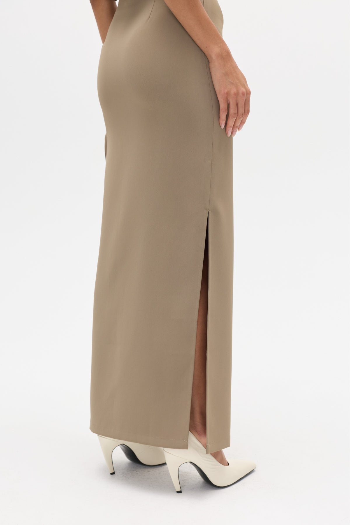 Ebony High Rise Maxi Skirt in Dune, view 3, Bayse Brand