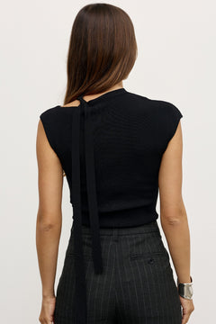 Petra Tie Neck Cap Sleeve Top in Black, view 3, Bayse Brand