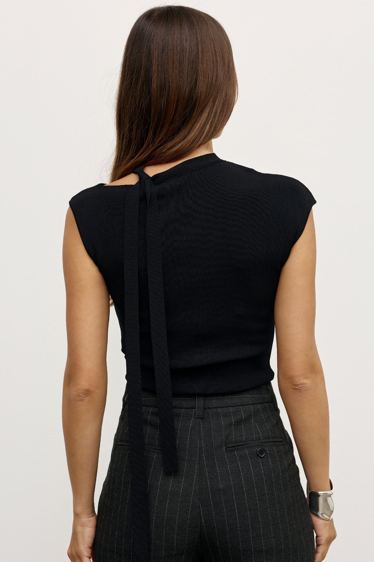 Petra Tie Neck Cap Sleeve Top in Black, view 3, Bayse Brand