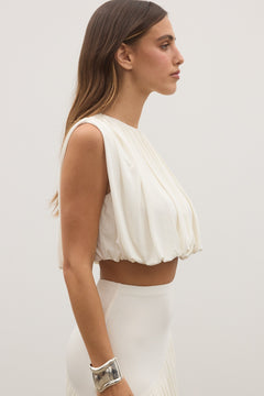 Contessa Pleated High Neck Top in Ivory, view 3, Bayse Brand