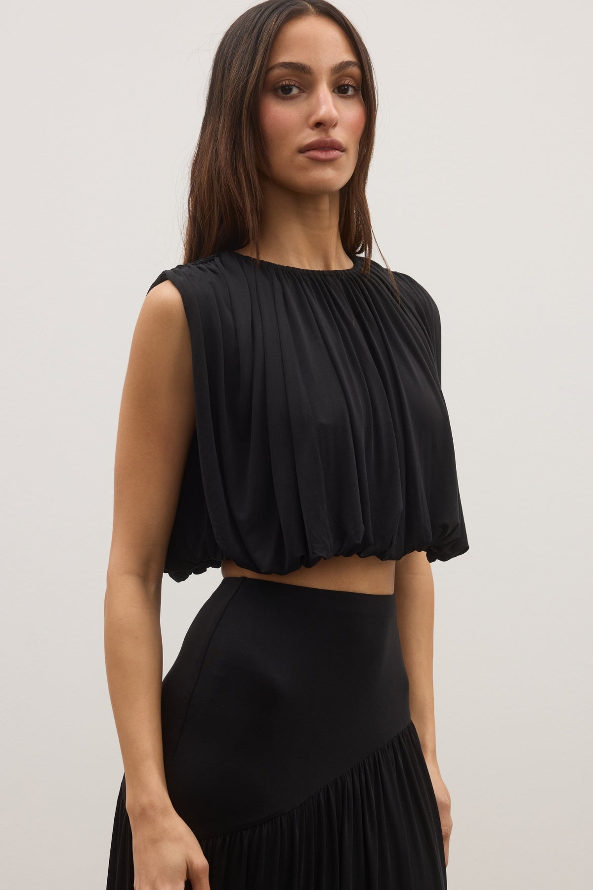 Contessa Pleated High Neck Top in Black, view 1, Bayse Brand