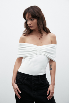 Eisley Off Shoulder Bodysuit in White, view 1, Bayse Brand