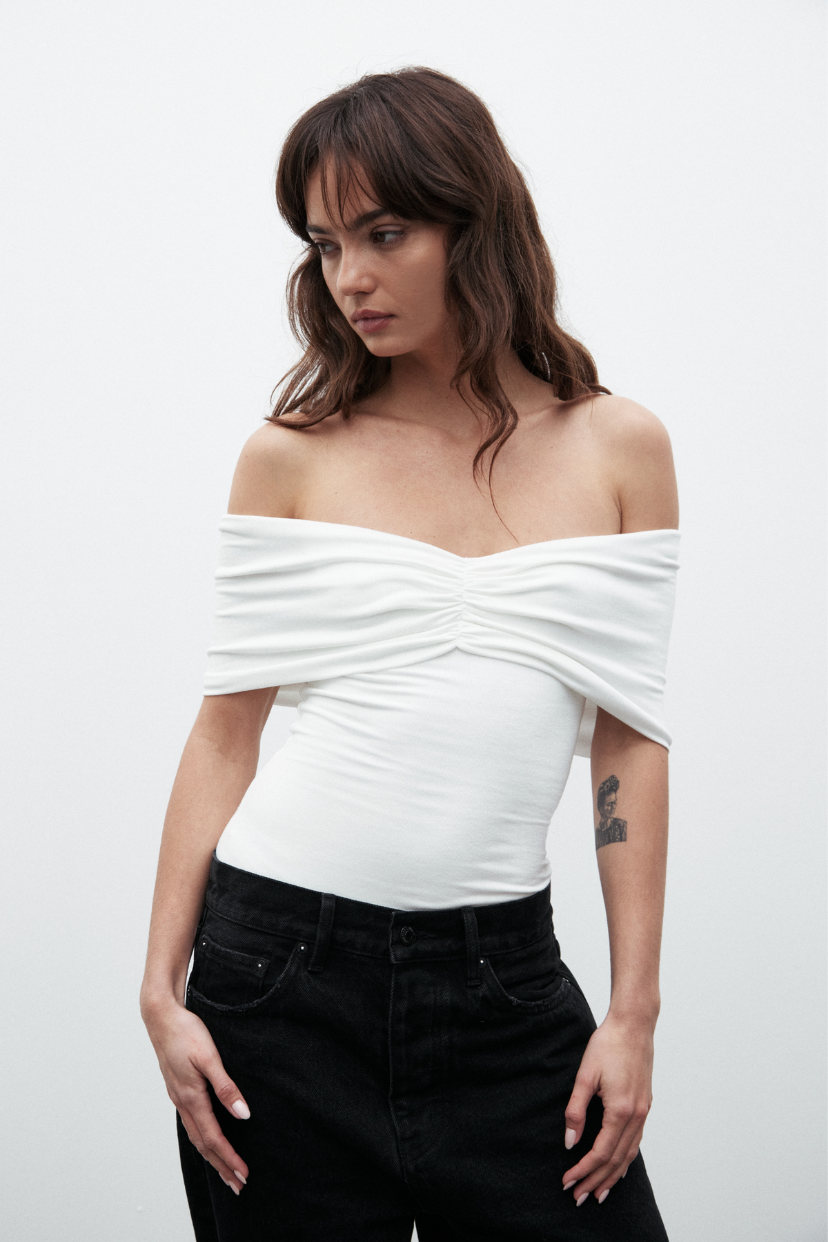 Eisley Off Shoulder Bodysuit in White, view 1, Bayse Brand