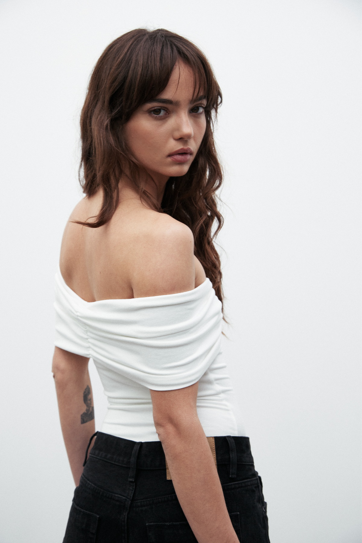 Eisley Off Shoulder Bodysuit in White, view 2, Bayse Brand