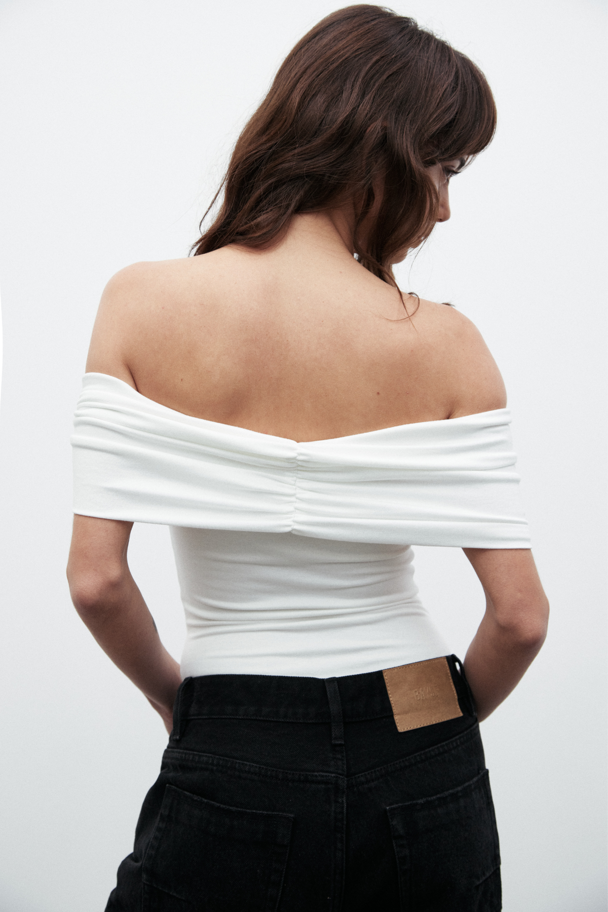 Eisley Off Shoulder Bodysuit in White, view 3, Bayse Brand