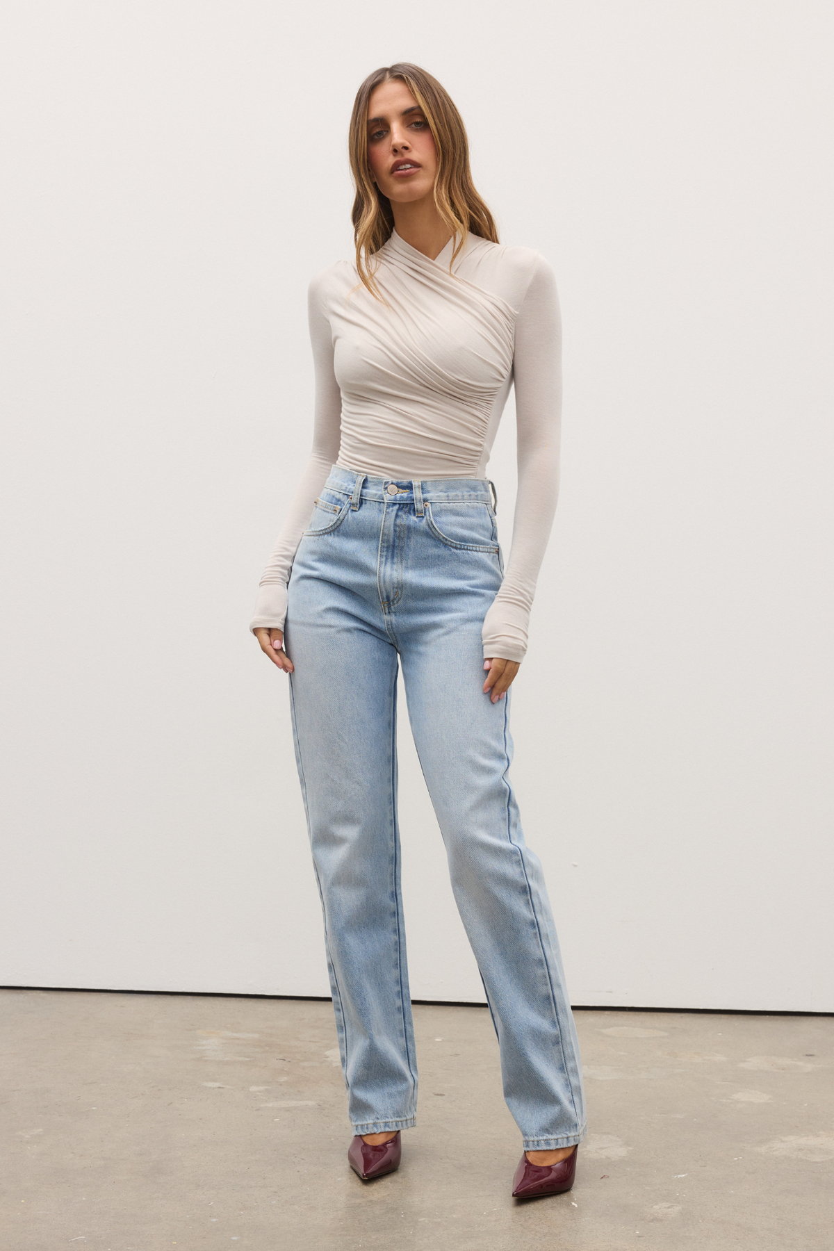 Amrita Draped Crossover Bodysuit in Baby, view 2, Bayse Brand