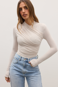 Amrita Draped Crossover Bodysuit in Baby, view 1, Bayse Brand