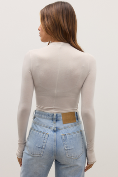 Amrita Draped Crossover Bodysuit in Baby, view 3, Bayse Brand