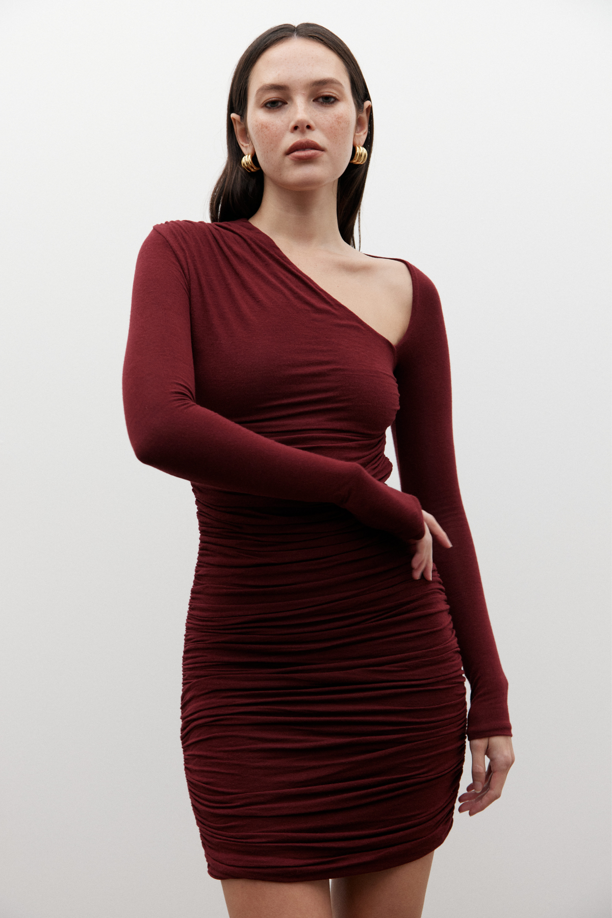 Femi Asymmetric Long Sleeve Mini Dress in Wine, view 1, Bayse Brand