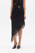Fay Asymmetric Fringe Midi Skirt in Black, view 1, Bayse Brand