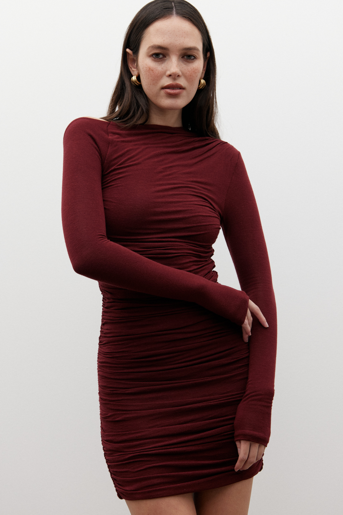 Femi Asymmetric Long Sleeve Mini Dress in Wine, view 3, Bayse Brand