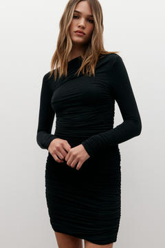 Femi Asymmetric Long Sleeve Mini Dress in Black, view 5, Bayse Brand