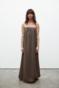 Zuri Strapless Linen Midi Dress in Chocolate, view 1, Bayse Brand