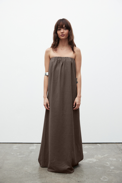 Zuri Strapless Linen Midi Dress in Chocolate, view 1, Bayse Brand