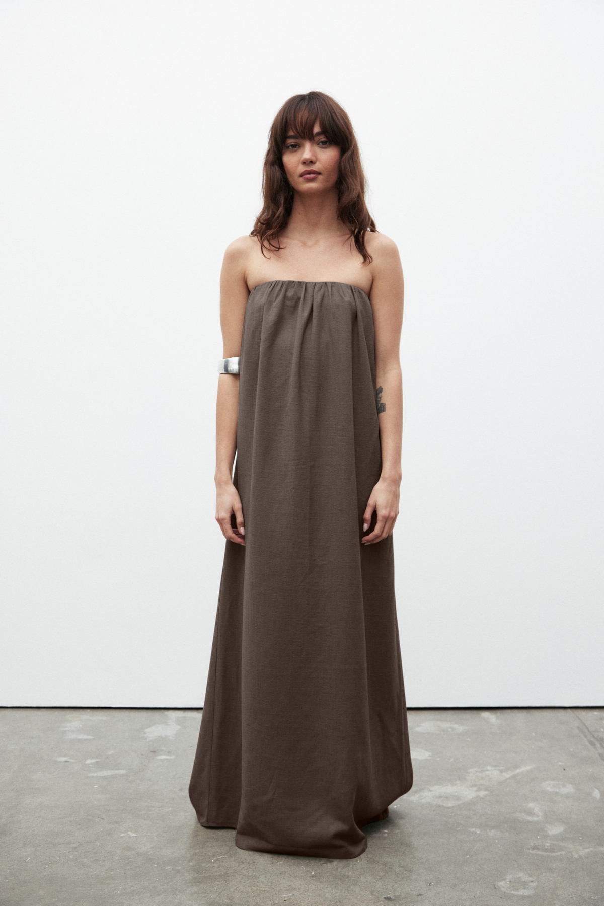 Zuri Strapless Linen Midi Dress in Chocolate, view 1, Bayse Brand