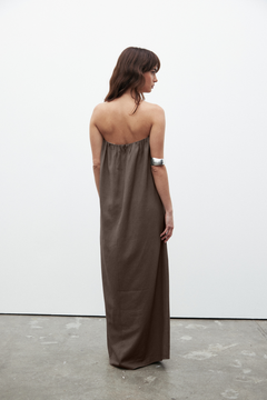 Zuri Strapless Linen Midi Dress in Chocolate, view 2, Bayse Brand