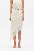 Fay Asymmetric Fringe Midi Skirt in Ivory, view 1, Bayse Brand