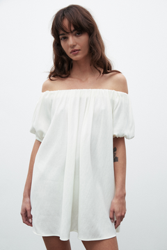 Harmony Off Shoulder Linen Dress in Ivory, view 2, Bayse Brand