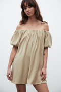 Harmony Off Shoulder Linen Dress in Latte, view 1, Bayse Brand