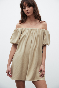 Harmony Off Shoulder Linen Dress in Latte, view 1, Bayse Brand