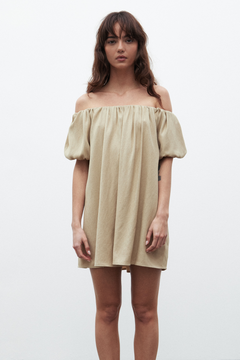 Harmony Off Shoulder Linen Dress in Latte, view 3, Bayse Brand