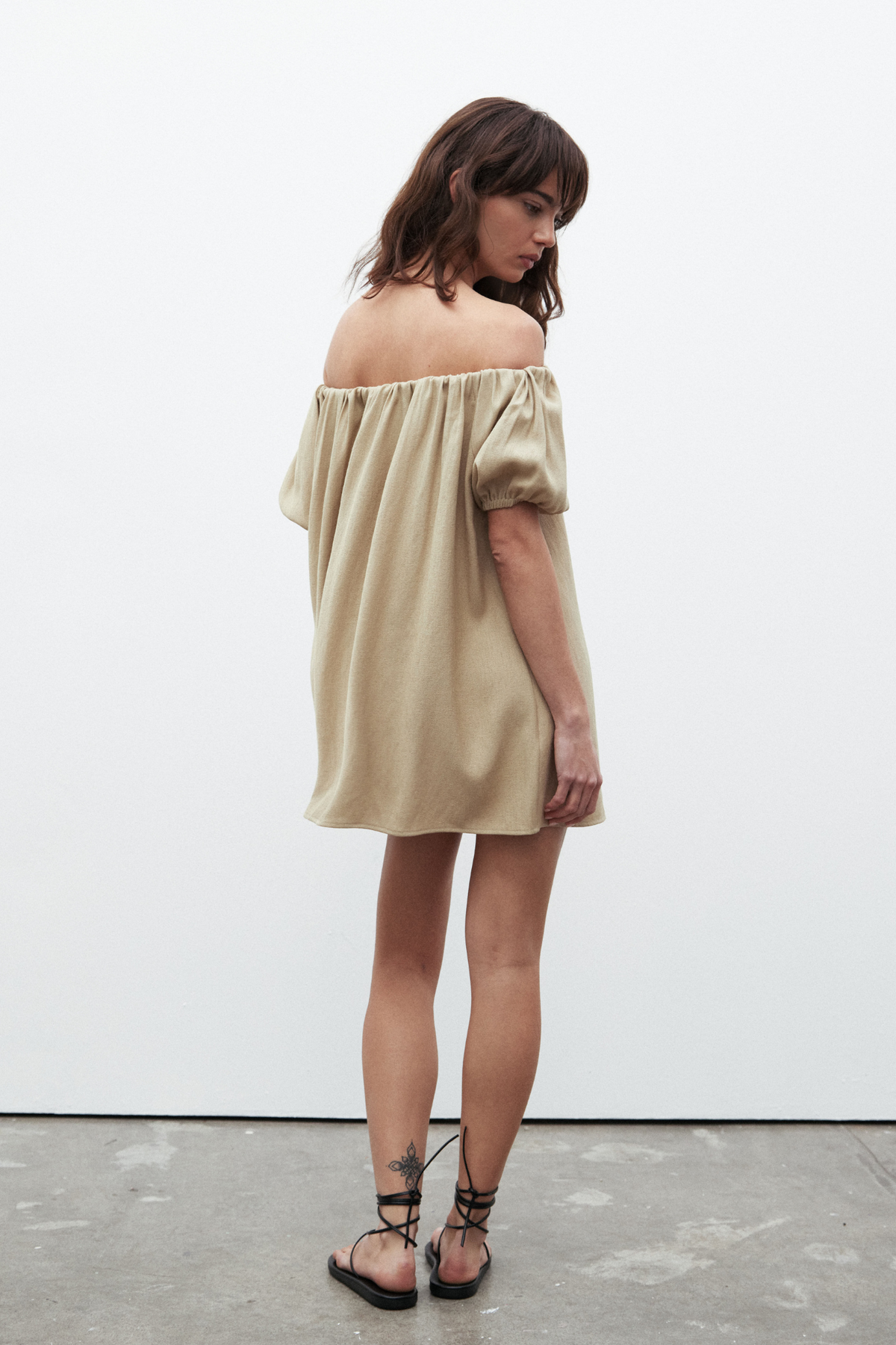 Harmony Off Shoulder Linen Dress in Latte, view 4, Bayse Brand