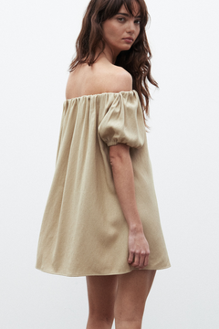 Harmony Off Shoulder Linen Dress in Latte, view 2, Bayse Brand