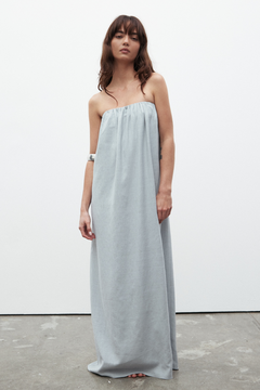 Zuri Strapless Linen Midi Dress in Mist, view 2, Bayse Brand