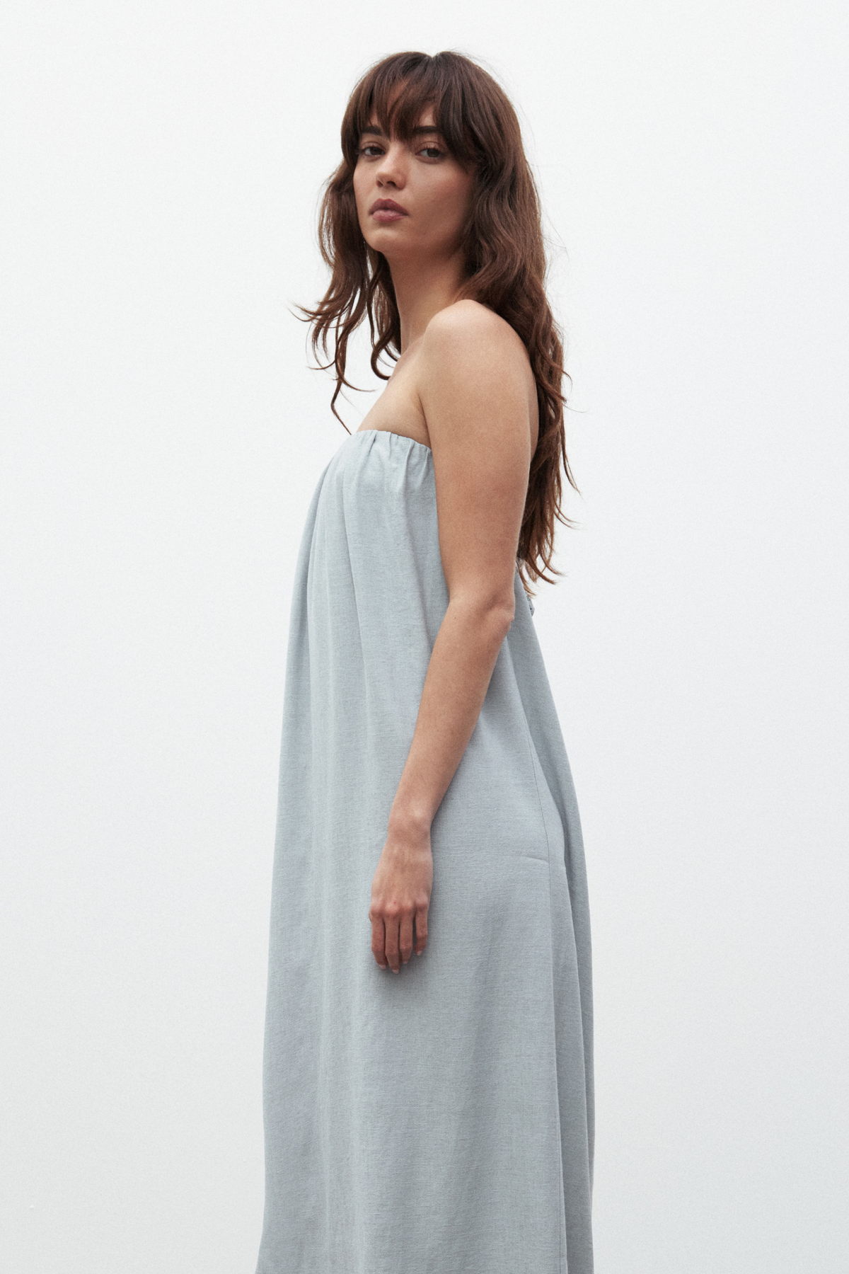 Zuri Strapless Linen Midi Dress in Mist, view 4, Bayse Brand