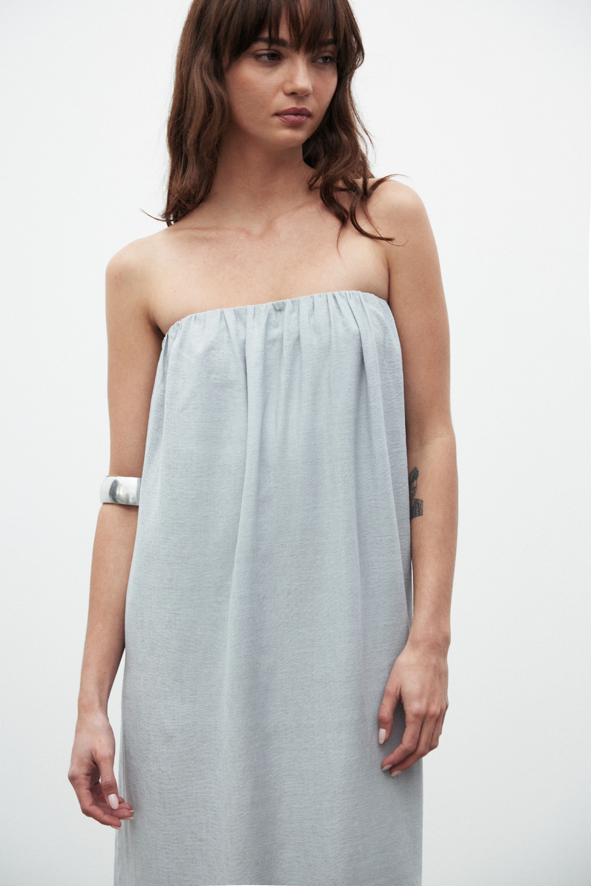 Zuri Strapless Linen Midi Dress in Mist, view 5, Bayse Brand