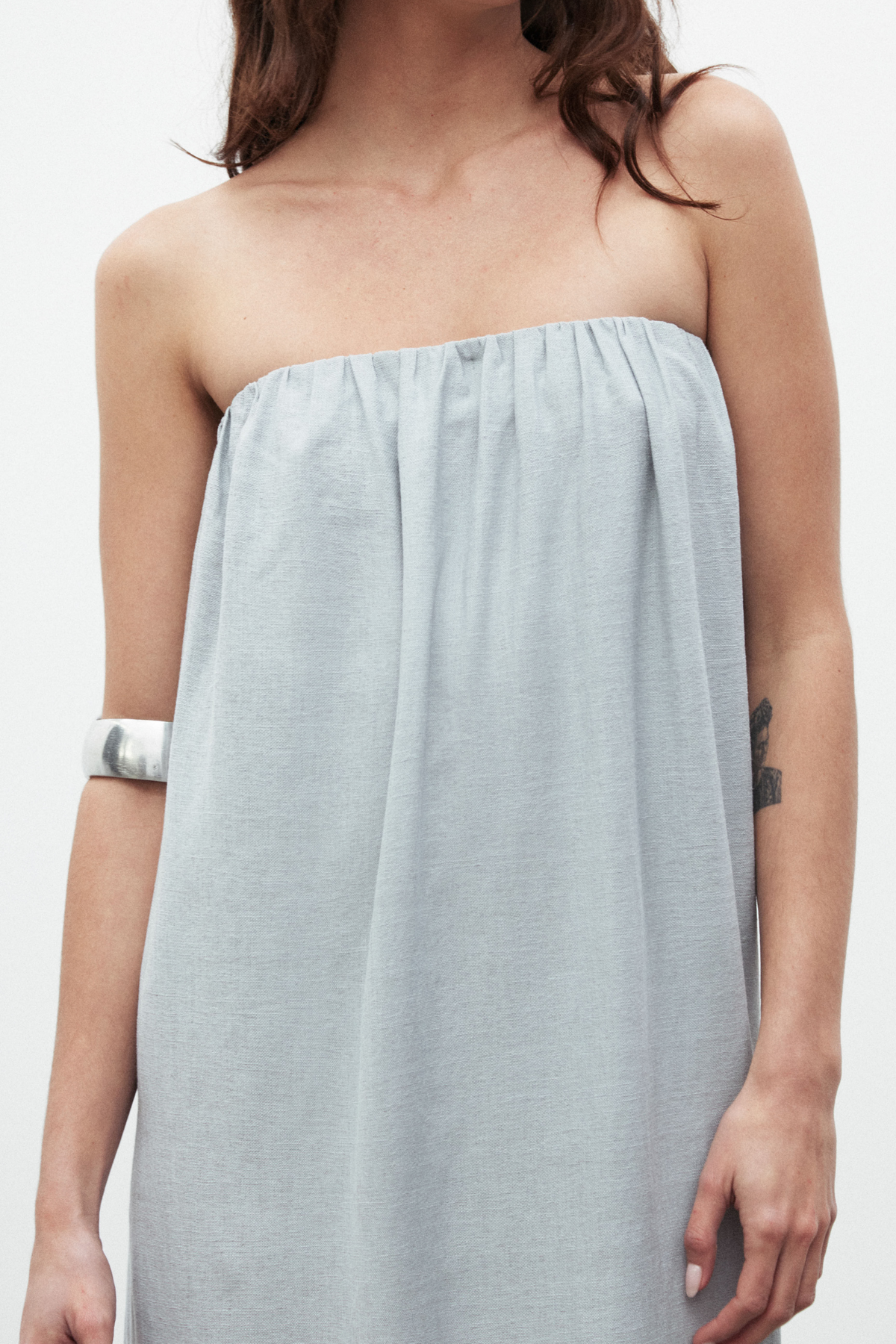 Zuri Strapless Linen Midi Dress in Mist, view 1, Bayse Brand