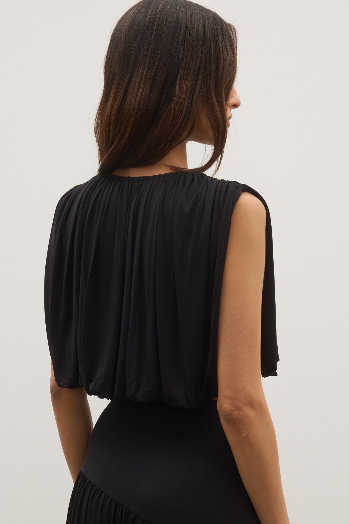 Contessa Pleated High Neck Top in Black, view 4, Bayse Brand
