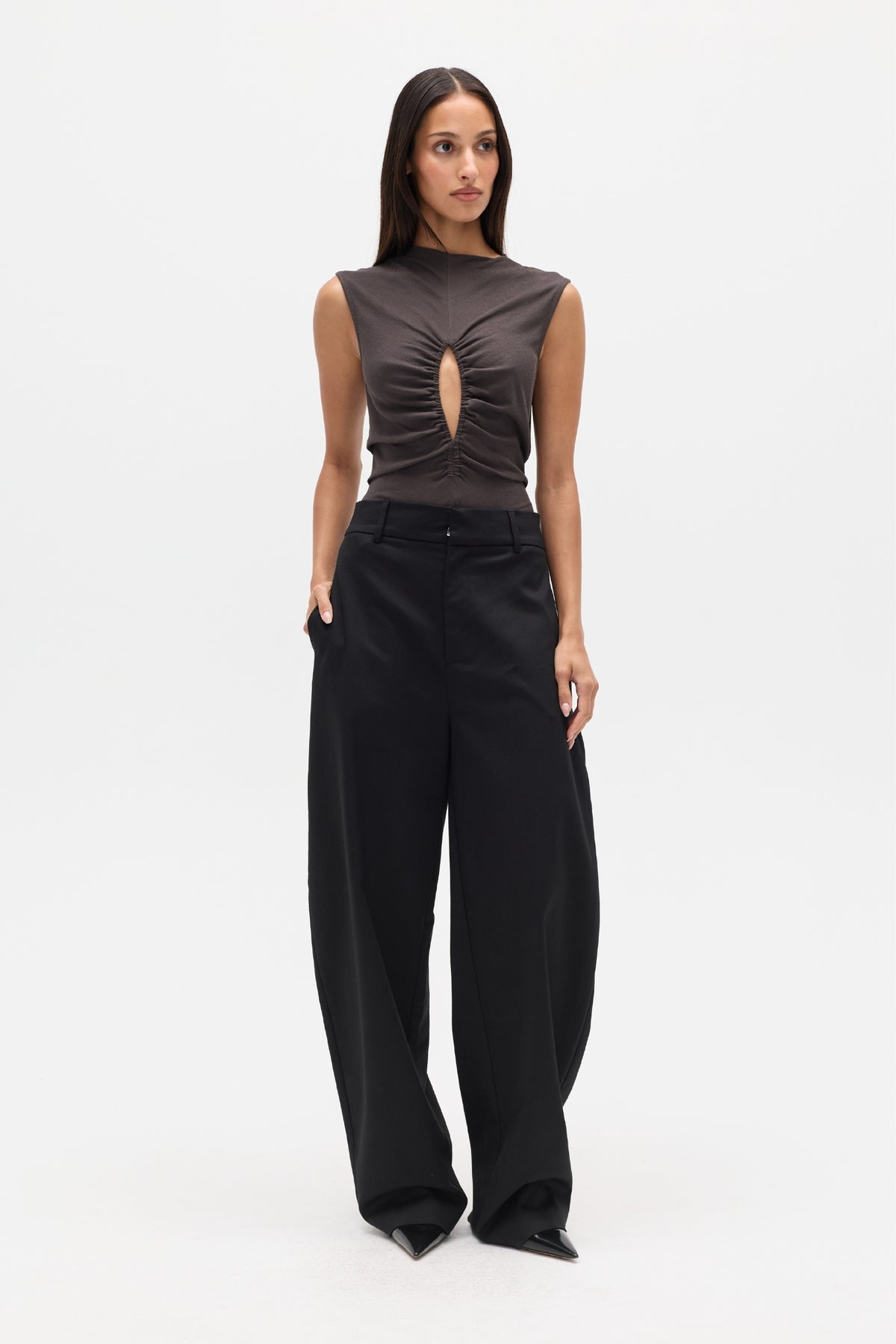 Nora Mock Neck Keyhole Top in Charcoal, view 1, Bayse Brand