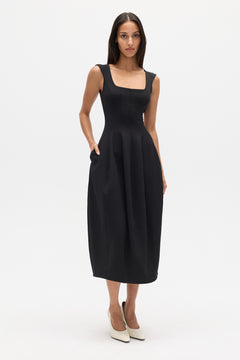 Mirabel Square Neck Midi Dress in Black, view 1, Bayse Brand