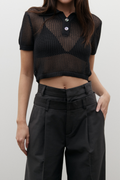 Lyla Cropped Cotton Polo Top in Navy, view 1, Bayse Brand