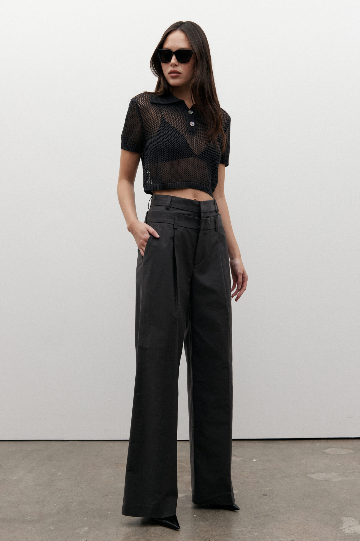 Lyla Cropped Cotton Polo Top in Navy, view 2, Bayse Brand