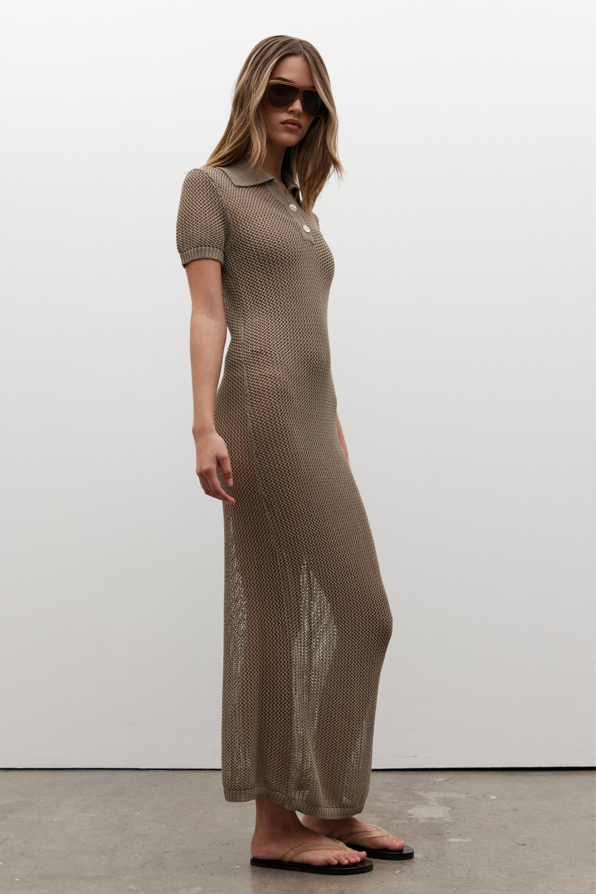 Lyla Crochet Knit Maxi Dress in Moss, view 3, Bayse Brand