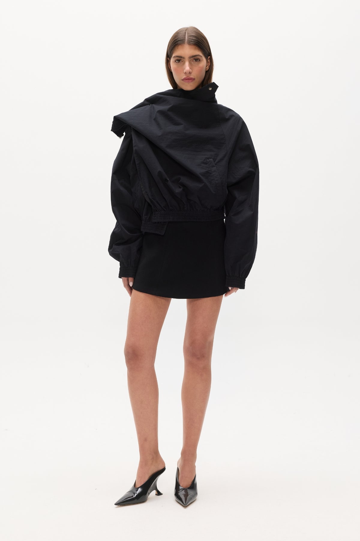 Nix Oversized Wrap Front Jacket in Black, view 1, Bayse Brand