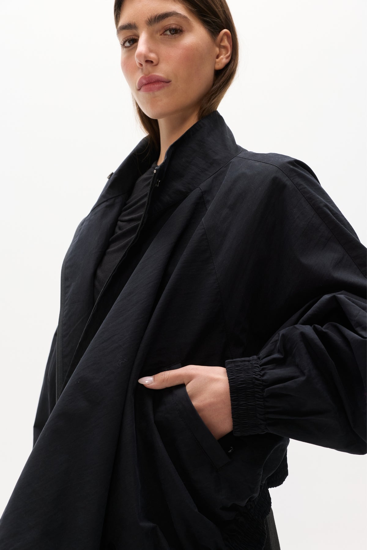 Nix Oversized Wrap Front Jacket in Black, view 3, Bayse Brand
