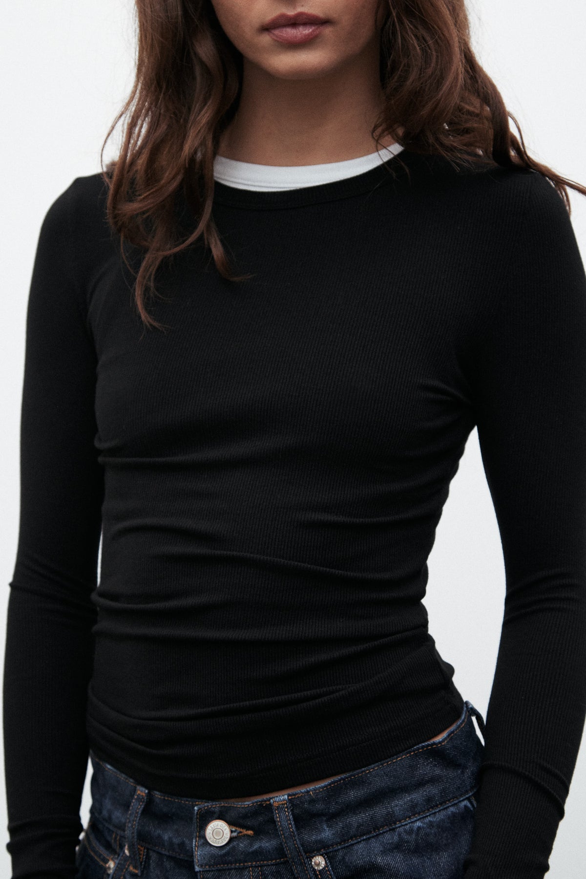 Nyla Ribbed Long Sleeve Top in Black, view 3, Bayse Brand
