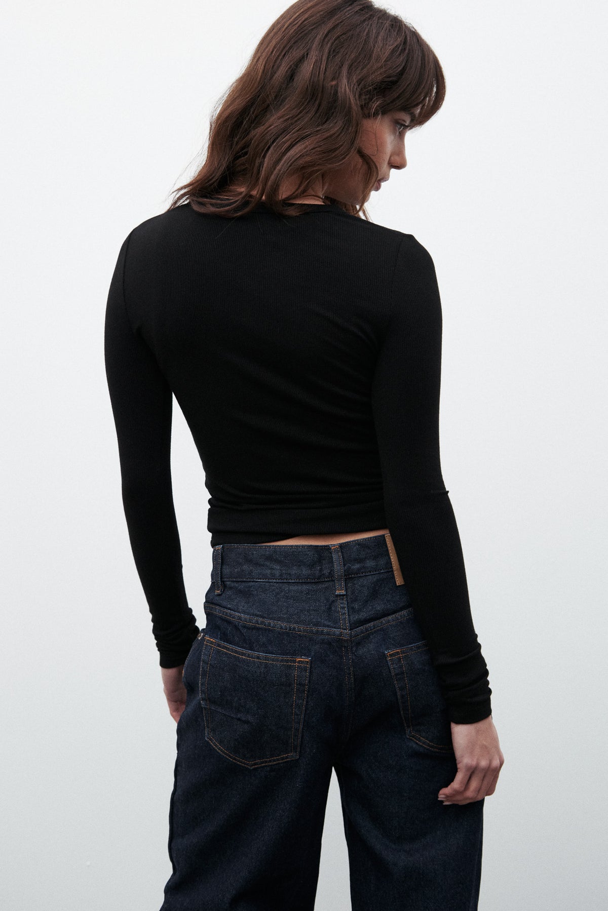 Nyla Ribbed Long Sleeve Top in Black, view 4, Bayse Brand