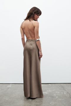 Leyanna V Neck Open Back Maxi Dress in Khaki, view 4, Bayse Brand
