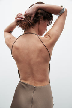 Leyanna V Neck Open Back Maxi Dress in Khaki, view 5, Bayse Brand
