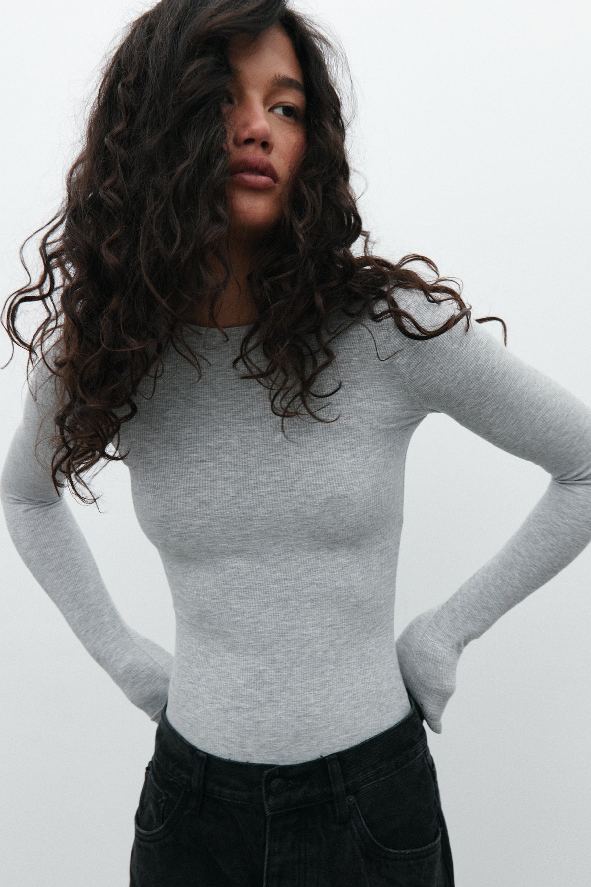 Elise Long Sleeve Bodysuit in Grey Marle, view 1, Bayse Brand